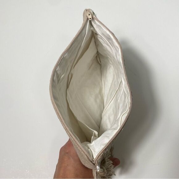 Boho Pearl Embroidered Hand Bag Cosmetic Bag W/ Tassel Zipper Closure - Picture 7 of 16